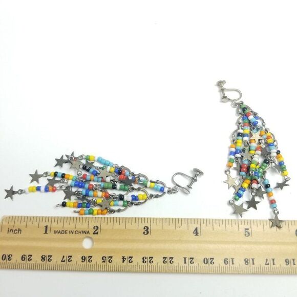 Vintage Colroful Beaded Fringe Dangle Clip On Earrings with Star Charms, Funky - Picture 3 of 5